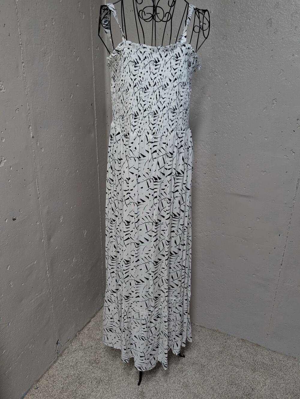 Ophelia Roe Black White Smocked Maxi Dress abstract  print